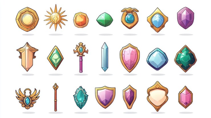 Foto artículos de juego de fantasía joyas escudos y bastones