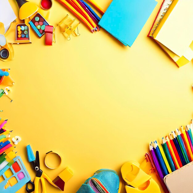 Artículos de papelería escolar sobre fondo amarillo con espacio libre para texto