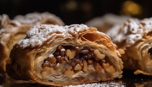 Artículos de pastelería horneados en una mesa de madera en interiores generados por IA