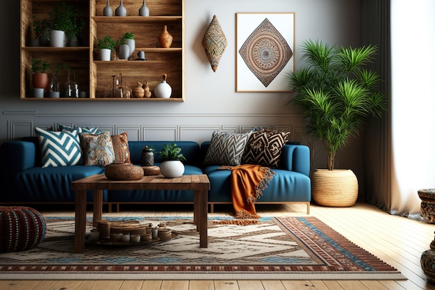 Artículos personales elegantes, un sofá modular de diseño, un taburete de madera, un estante marroquí y una decoración de alfombras se pueden ver en este interior de sala de estar étnica de estilo contemporáneo Plantillas