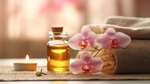 artículos de tratamiento de belleza para el aceite de spa orquídea y toalla