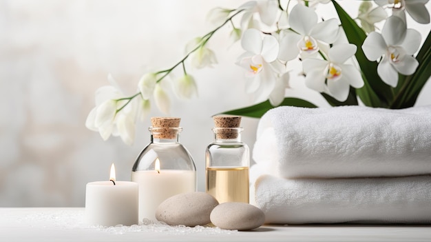 artículos de tratamiento de belleza para procedimientos de spa en mesa de madera blanca