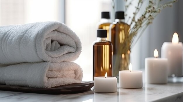 artículos de tratamiento de belleza para procedimientos de spa en mesa de madera blanca