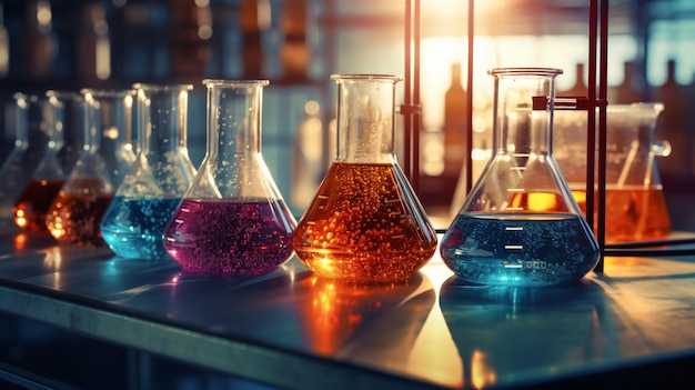 Artículos de vidrio de laboratorio que contienen líquidos químicos