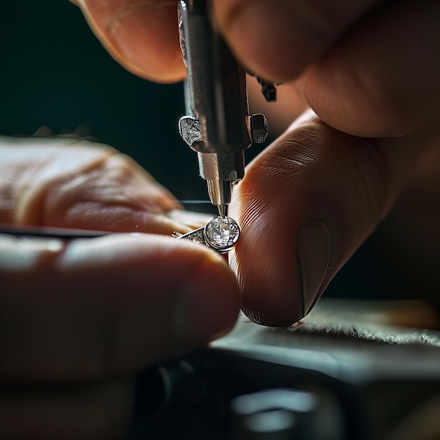 Artífice joalheiro segurando um diamante brilhante redondo em um suporte de anel com uma ferramenta de fixação