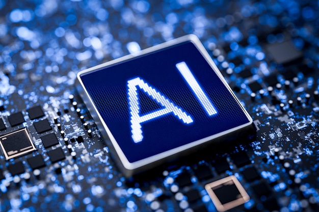 Artificial intelligence generates content Robotics Mind AI AI for controlling a robot AI writes program code Closeup of an artificial intelligence microchip 3D render