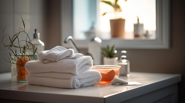 Artigos de higiene e toalhas no banheiro conceito de higiene pessoal generativo ai