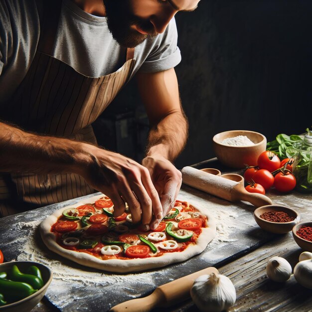 Artisan Pizza Chef Toppings rústicos em cozinha escura