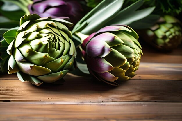 Artischocke aus nächster Nähe Frische rohe organische grüne Artischocken aus nächster Nähe über einem Holztisch Gesunde Vegetaria