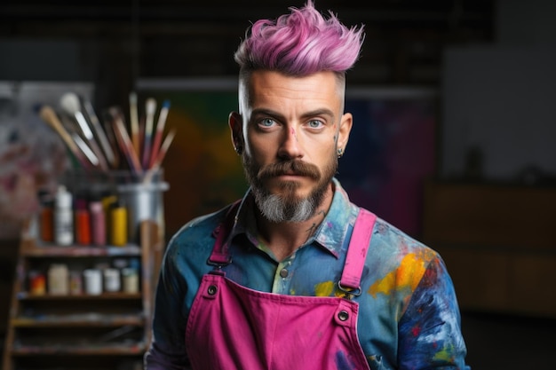 Artista de 30 años de edad con cabello colorido con ropa manchada de pintura sosteniendo un pincel
