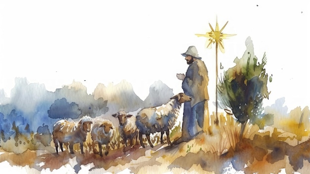 Artista de acuarela pintado a mano con ovejas y estrella de Navidad