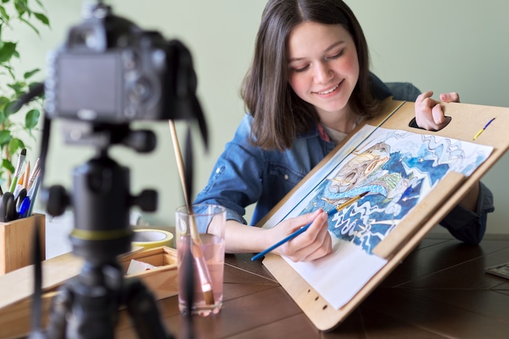 Foto artista, adolescente, dibuja registros en cámara de video para blog. pinturas, dibujos en casa, cámara en trípode, dibujo y contando blogger vloger. tecnología, arte, juventud, comunicación, concepto de educación