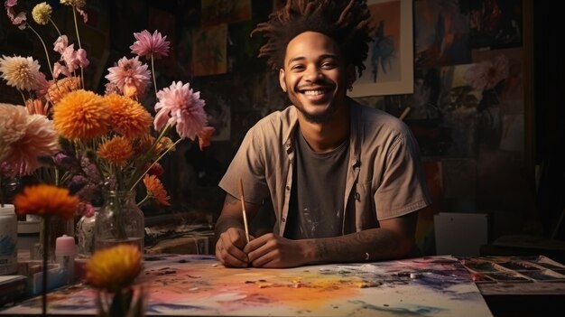 Artista afroamericano pintando en lienzo en un estudio de arte con flores