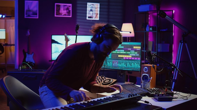 Artista alegre tocando el teclado del piano y grabando melodías