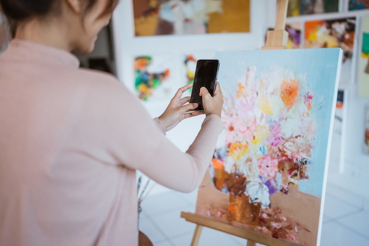 Foto artista asiática tomando fotografías de su propia pintura con smartphone