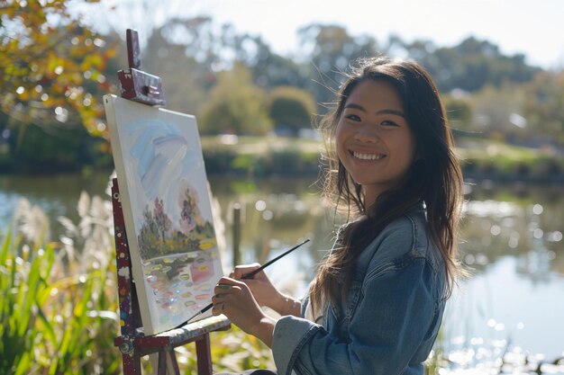 Foto artista asiático sonriendo mientras pinta