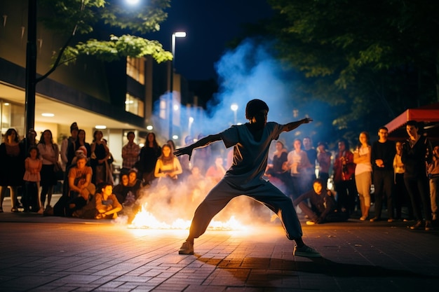 Artista de la calle con fuego en NightxA