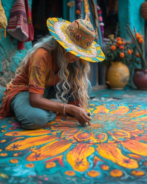 Un artista callejero crea un elaborado fondo de flores