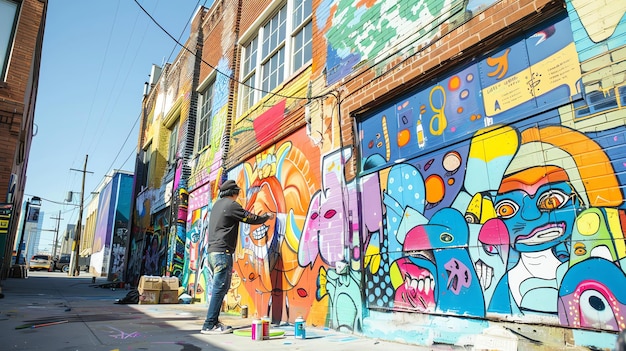 Un artista callejero espolvorea un mural colorido en una pared de ladrillo Él lleva una sudadera negra con capucha y vaqueros