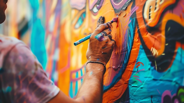 Un artista callejero está pintando un mural en una pared El mural es de un diseño colorido y abstracto