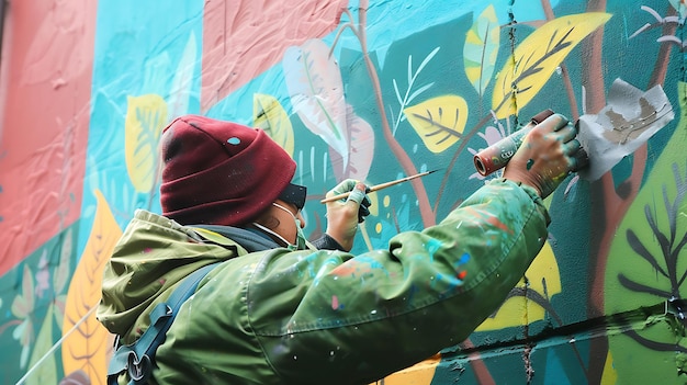 Un artista callejero con una gorra roja y una chaqueta verde está pintando un mural de un bosque en una pared de ladrillo