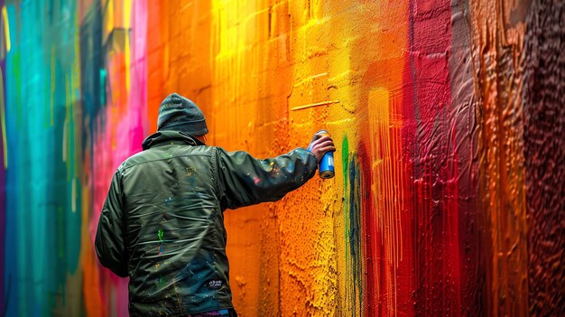 Un artista callejero pulveriza un mural colorido en una pared