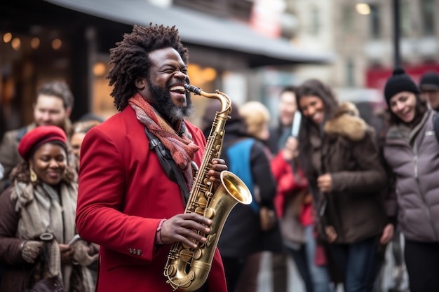 Un artista callejero que crea alegría y felicidad con el sonido del saxofón