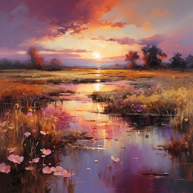 Un artista captura la vibrante puesta de sol en un pintoresco paisaje