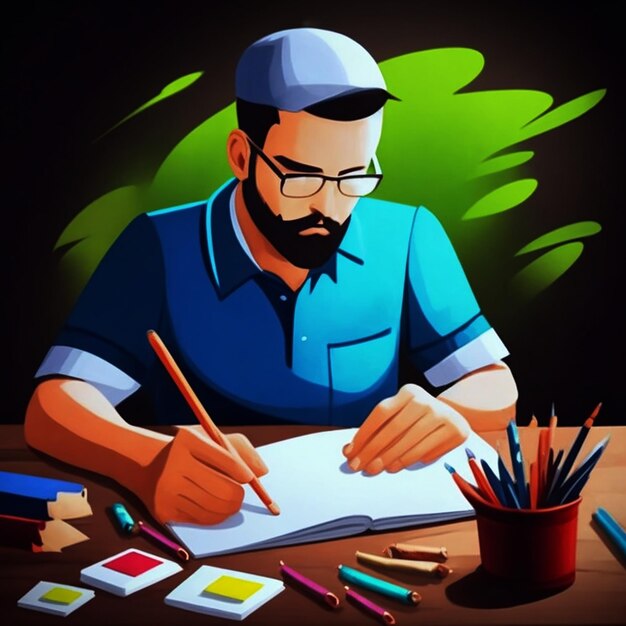 Un artista en ciernes con un cuaderno de bocetos y lápices creando obras maestras.