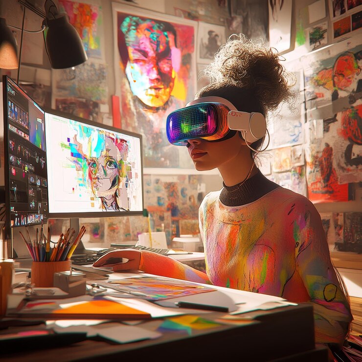Foto artista com óculos de realidade virtual trabalhando em um espaço criativo