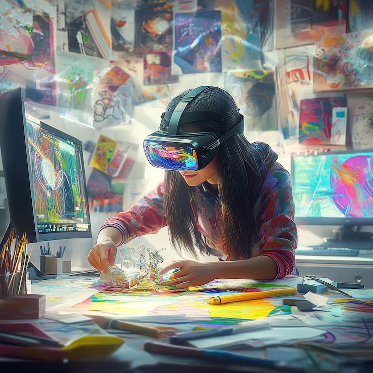 Foto artista com óculos de realidade virtual trabalhando em um espaço criativo
