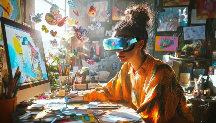 Foto artista com óculos de realidade virtual trabalhando em um espaço criativo
