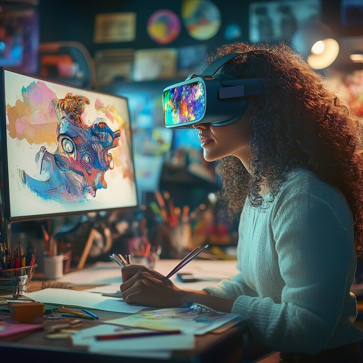 Foto artista com óculos de realidade virtual trabalhando em um espaço criativo