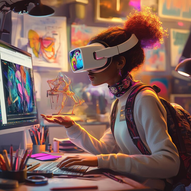 Foto artista com óculos de realidade virtual trabalhando em um espaço criativo