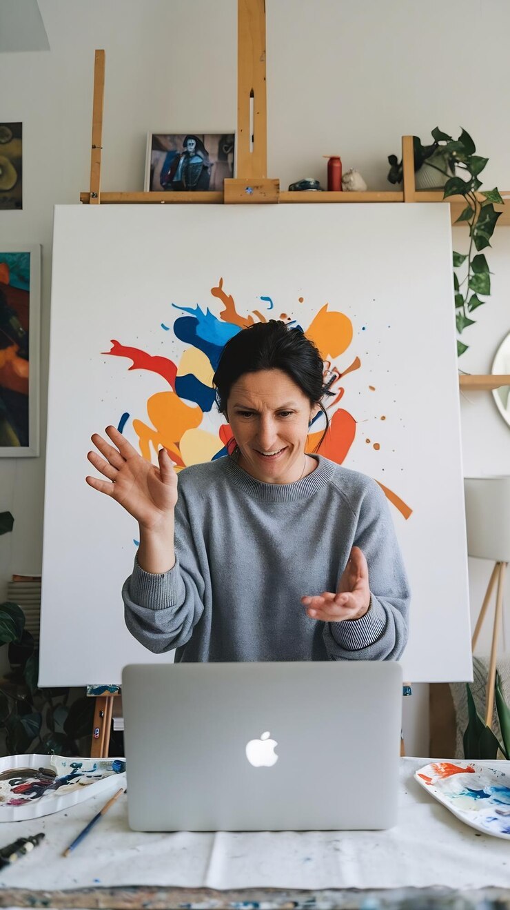 Foto artista con computadora portátil enseñando clases de pintura en línea en casa