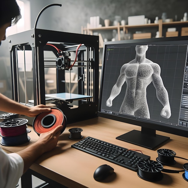 Foto el artista está configurando una impresora 3d en un estudio el modelo 3d se muestra en una pantalla de computadora