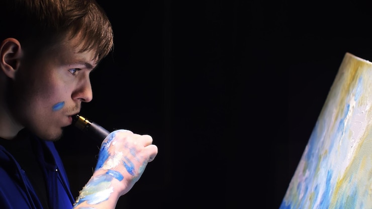 Foto el artista copiador pinta un paisaje marino con un barco en el océano, el vaporizador fuma, el vape ecigarette, el artesano decora.
