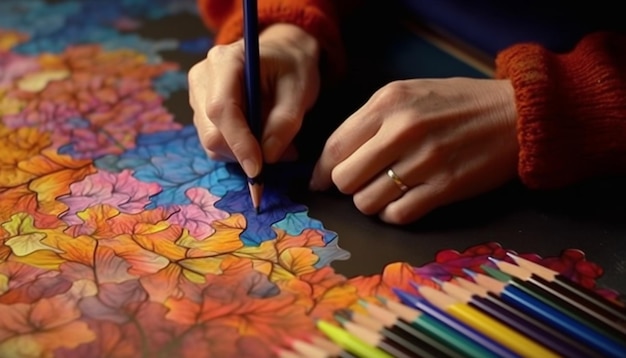 Artista creativo con lápices multicolores pintando en papel con artesanía generada por inteligencia artificial