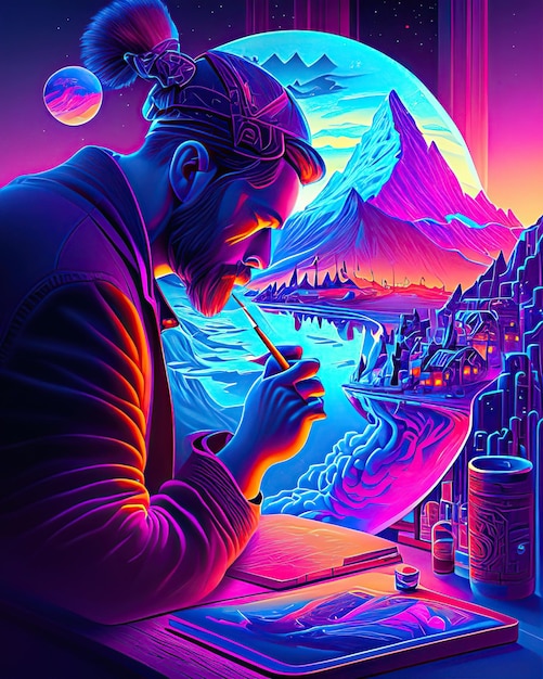 artista criando composição de pintura artística pensando em cores neon