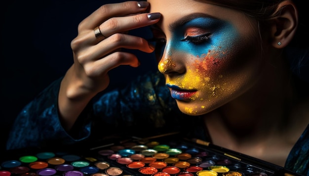 Artista de beleza pinta cores vibrantes em rosto de modelo gerado por IA