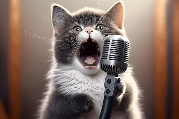 Artista de gato canta em um microfone Rede neural gerada por IA