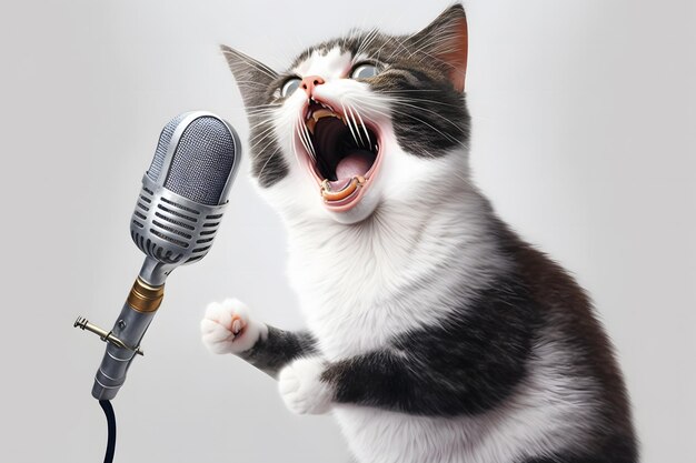 Artista de gato canta em um microfone Rede neural gerada por IA