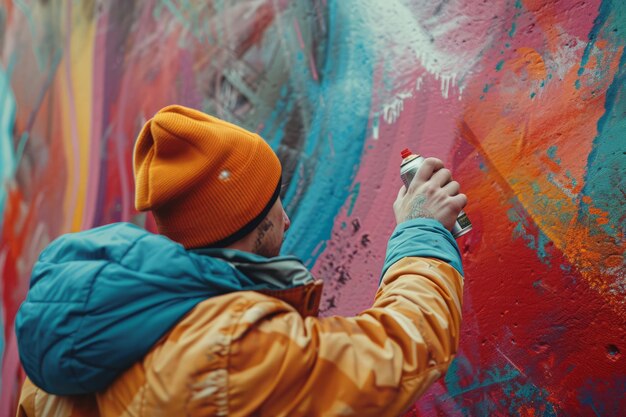 Artista de graffiti pulverizando cores brilhantes Arte Urbana de Wall Street