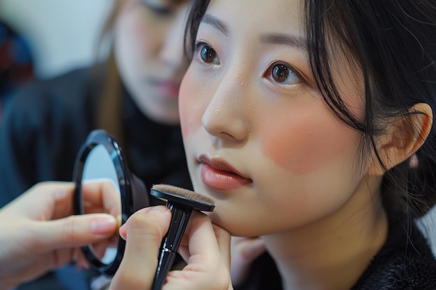 Artista de maquiagem aplica pó e rubor belo rosto de mulher asiática Mão de mestre de maquiage coloca rubor nas bochechas garota modelo de beleza maquilhagem em processo mulher bonita