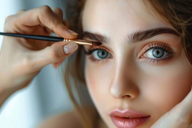 Artista de maquiagem pinta as sobrancelhas com um pincel Maquiagem profissional e cosmética cuidados com a pele IA generativa