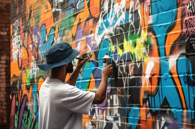 Artista de pulverizador de graffiti criando mural colorido na parede de tijolos criada com IA generativa