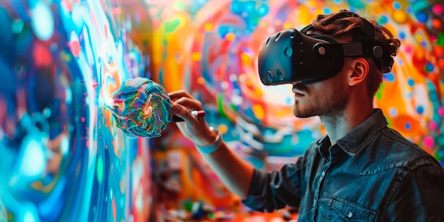 Artista de realidade virtual criando escultura 3D em fundo de estúdio futurista