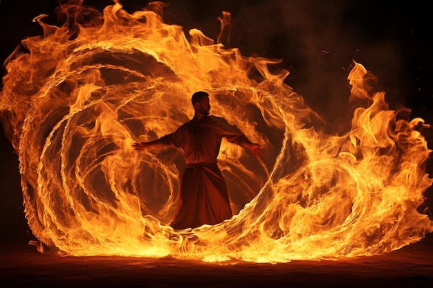 Artista de respiração de fogo criando correntes de chamas