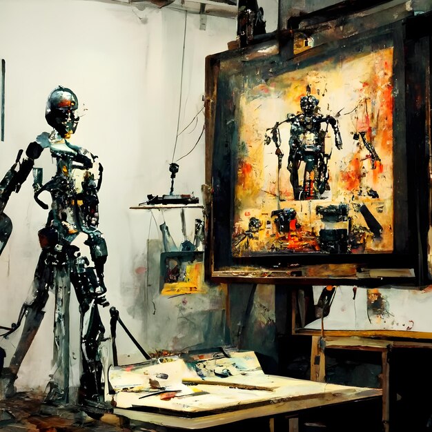 Artista de robô antropomórfico no estúdio ao lado do cavalete pintando e pintando enquanto trabalhava na rede neural ai gerou arte