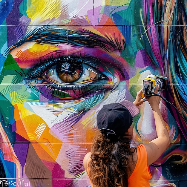 Artista de rua pintando um mural colorido